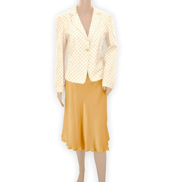 Armani Mustard Gold Satin Silk Trumpet Skirt Ivory Taupe Peplum Blazer 6 Suit - Picture 1 of 8